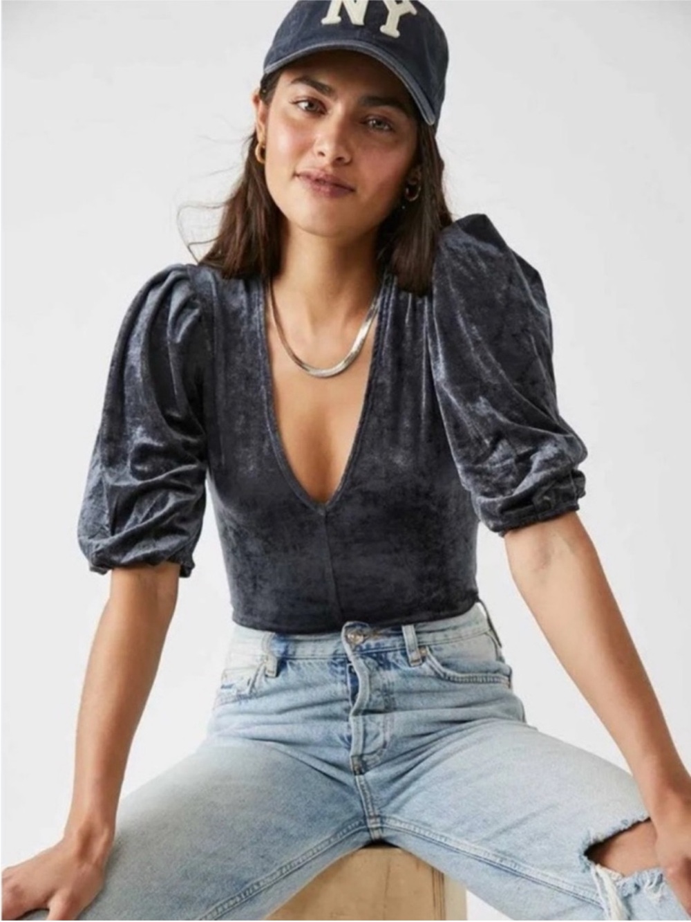 Free People Don’t You Wish Grey puff bodysuit  Velvet NWT XS retail $ $78